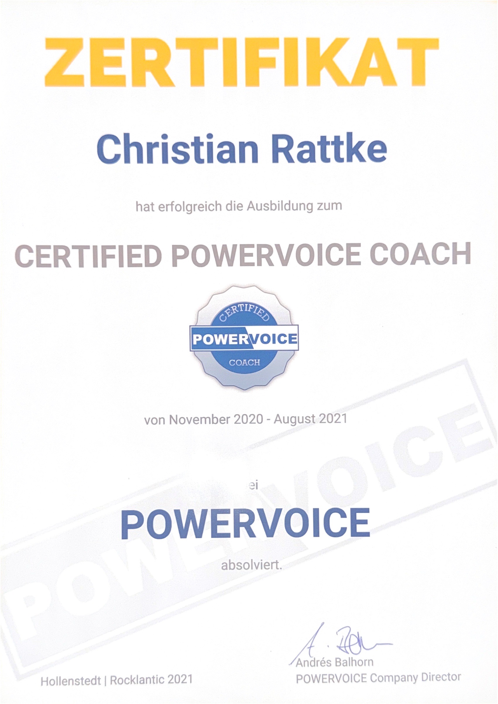 Powervoice Coach Zertifikat – Christian Rattke